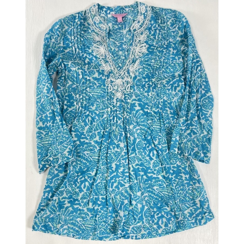 Lilly Pulitzer Sarasota Blue Aqua beaded Tunic Top Shirt Lady Size S Shell Print